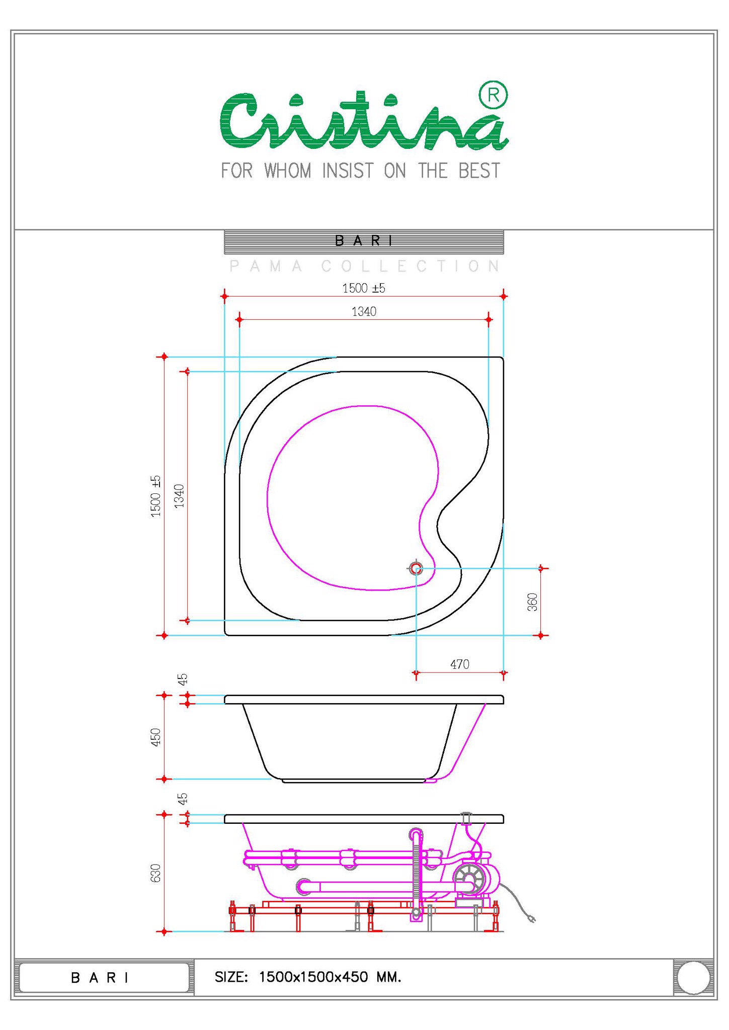 BỒN TẮM ÂM CRISTINA - BARI - CT-BA 150150 - Ảnh 2
