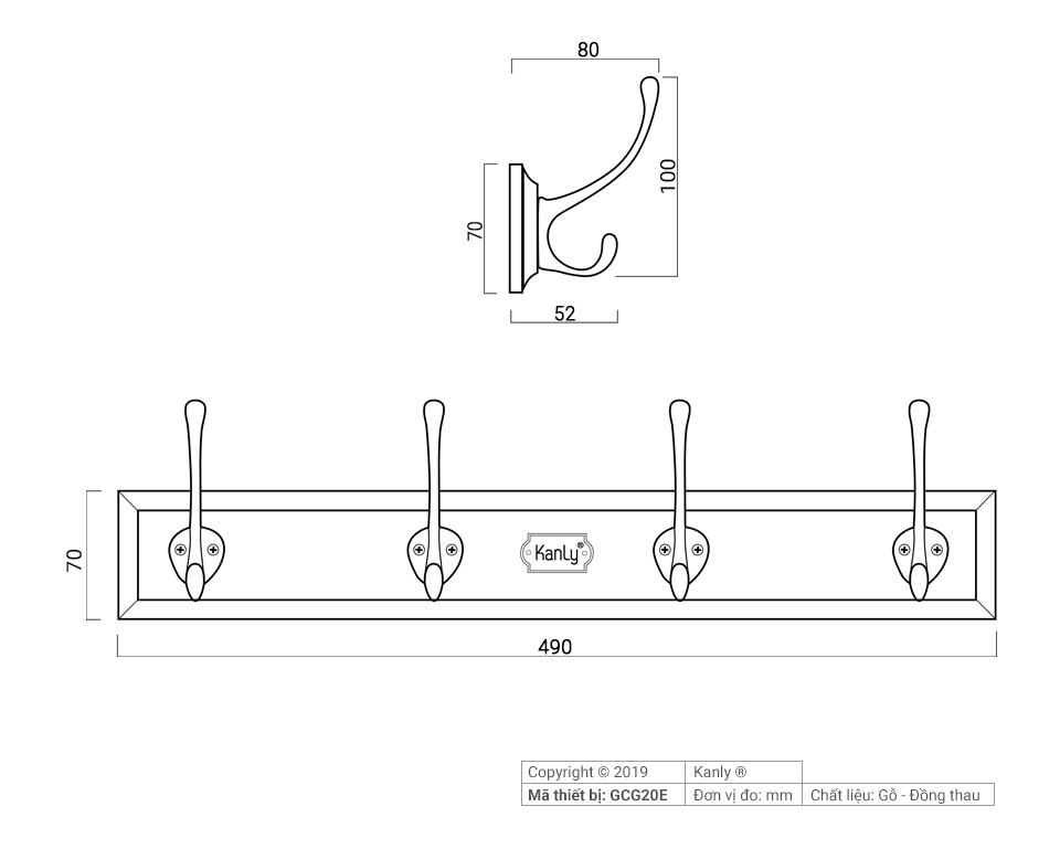 MÓC TREO ÁO ( ĐẾ GỖ VÀ ĐỒNG THAU) KANLY - GCG20E - Ảnh 6
