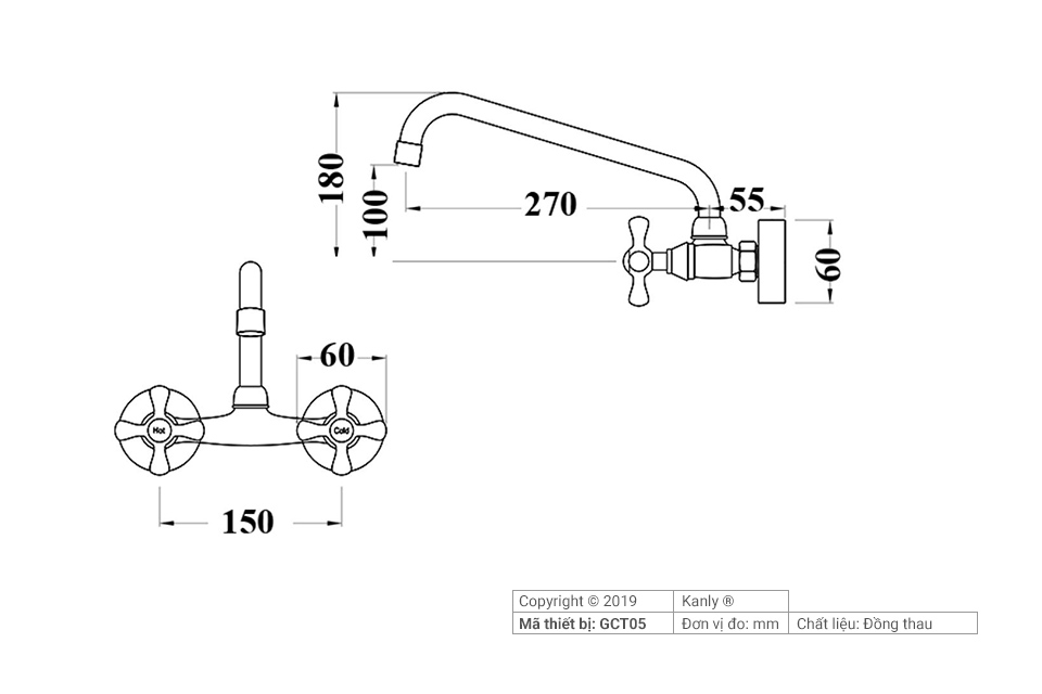 Vòi Lavabo treo tường nóng lạnh bằng đồng KANLY - GCT05 - Ảnh 9