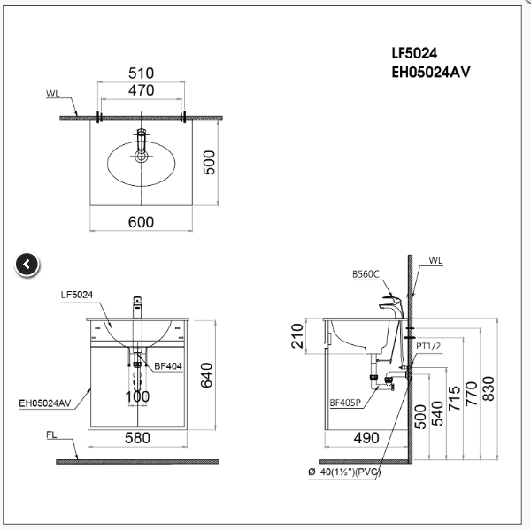 Lavabo + Tủ Treo - LF5024 + EH05024AV - Ảnh 2