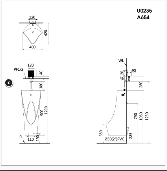 Bệ tiểu nam U0235 - Xả tiểu cảm ứng A654 - Ảnh 4