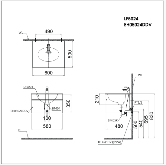 Lavabo + Tủ Treo - LF5024 + EH05024DDV - Ảnh 2