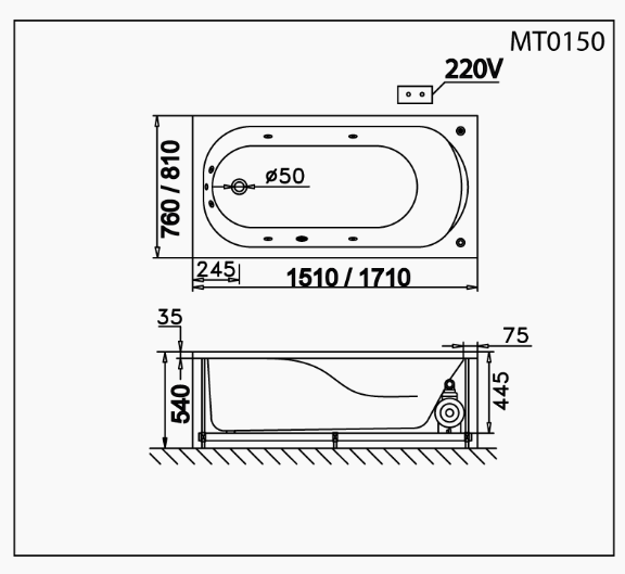 Bồn Tắm Massage Không Chân - Không Yếm - MT0150 - Ảnh 2