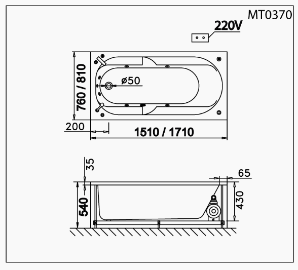 Bồn Tắm Massage Không Chân - Không Yếm - MT0370 - Ảnh 2