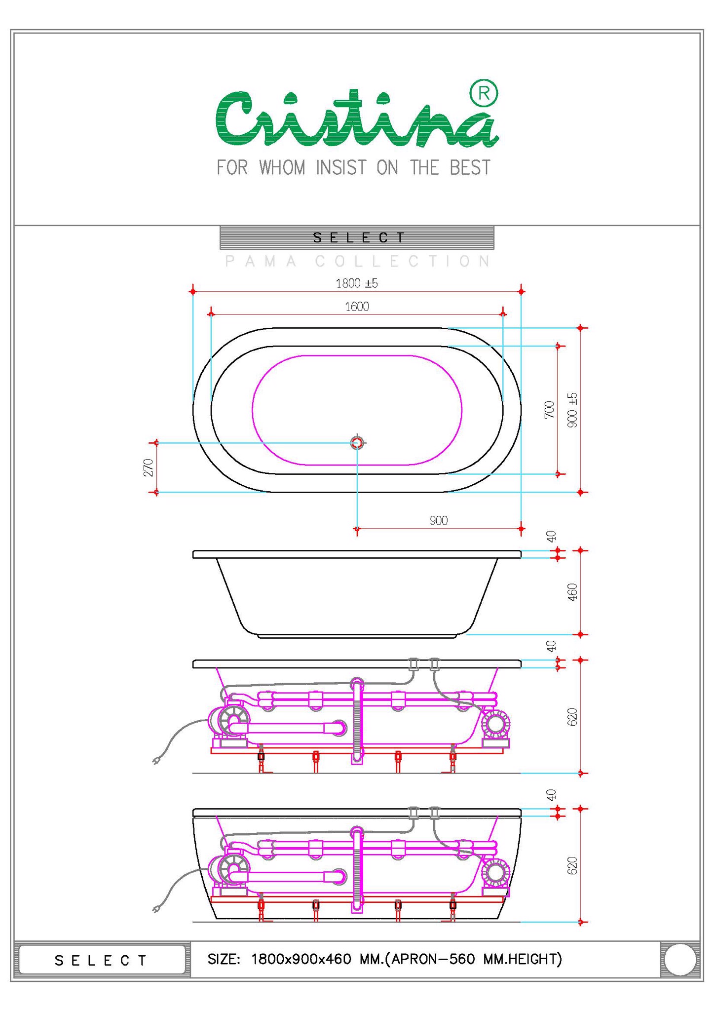 BỒN TẮM CRISTINA - SELECT *CÓ BỬNG* - CT-SL180090 - Ảnh 7