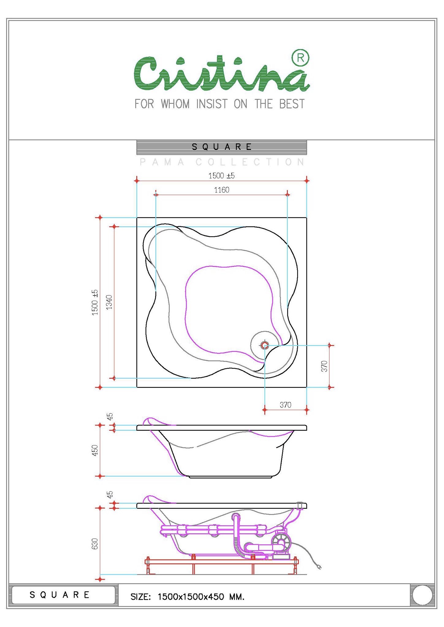 BỒN TẮM ÂM CRISTINA - SQUARE - CT-SQ 150150 - Ảnh 7