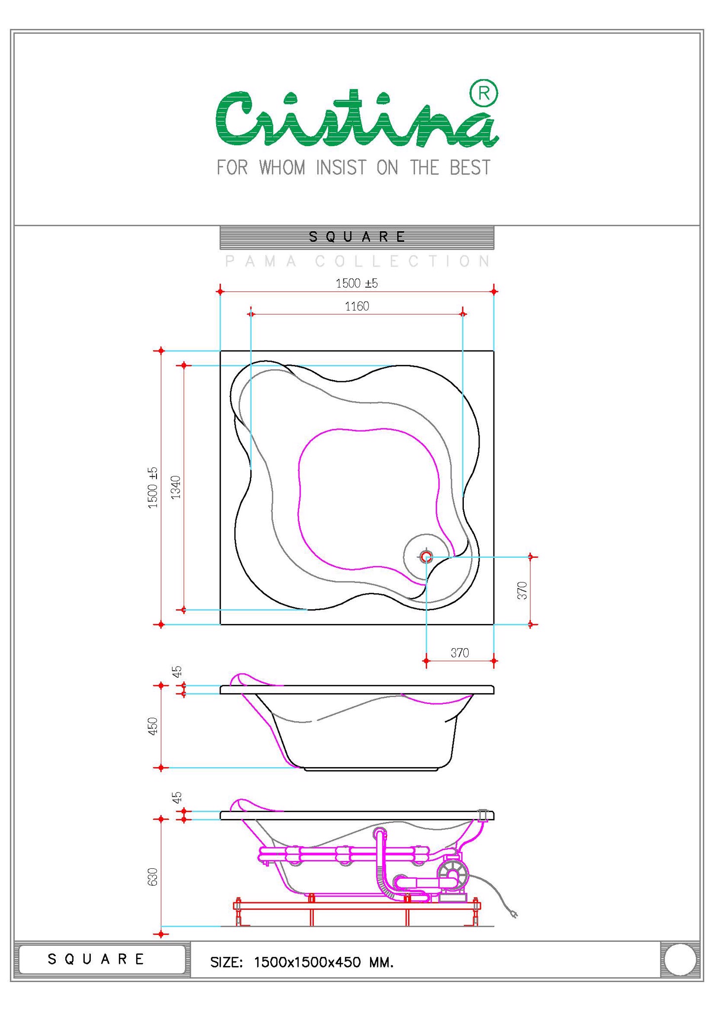 BỒN TẮM ÂM CRISTINA - SQUARE - CT-SQ 150150 - Ảnh 3