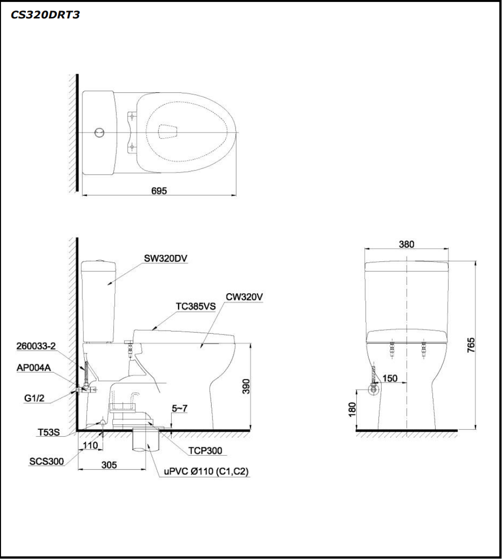 Bồn Cầu Hai Khối TOTO CS320DRT3 Nắp TC385VS - Ảnh 5