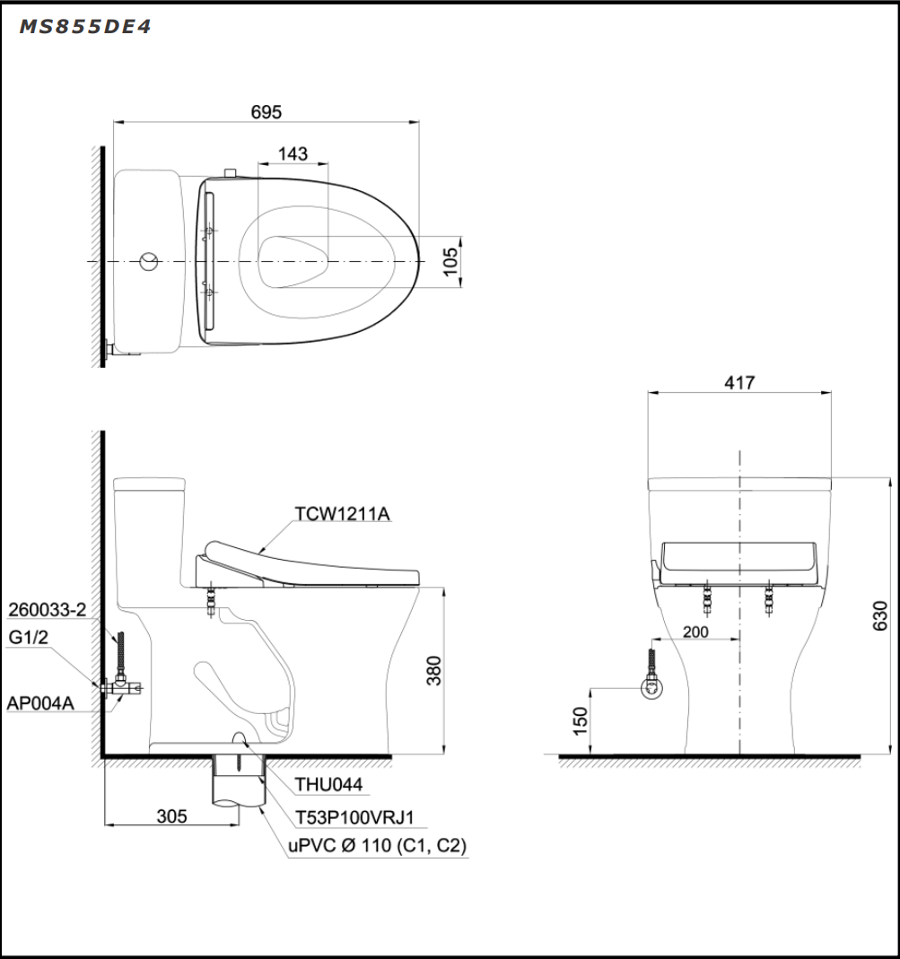 Bồn cầu một khối TOTO kèm nắp rửa cơ ECO-WASHER - MS855DE4 - Ảnh 2