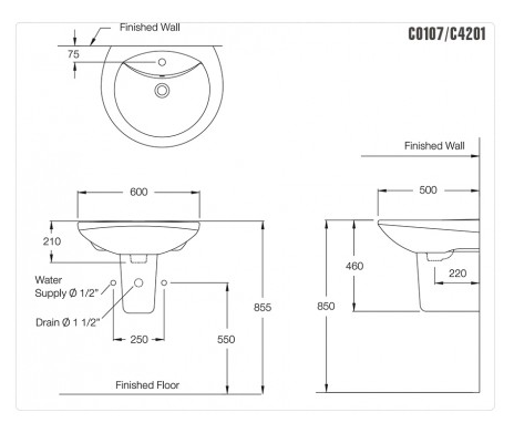CHẬU RỬA MẶT COTTO - MÀU TRẮNG - C0107/C4201 - Ảnh 2