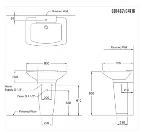 CHẬU RỬA MẶT COTTO - MÀU TRẮNG - C01467/C4116 - Ảnh 2