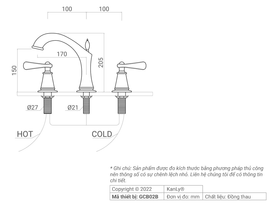 Vòi Lavabo rửa âm bàn nóng lạnh bằng đồng KANLY - GCB02B - Ảnh 4