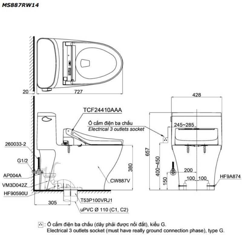 Bồn cầu TOTO một khối, kèm nắp rửa điện tử WASHLET dòng C5 - MS887RW14 - Ảnh 6