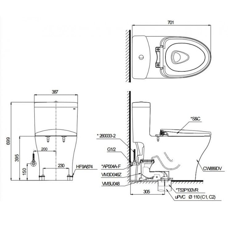Bồn cầu 1 khối TOTO kèm nắp rửa điện tử WASHLET DÒNG C2 - MS889DRW16 - Ảnh 2