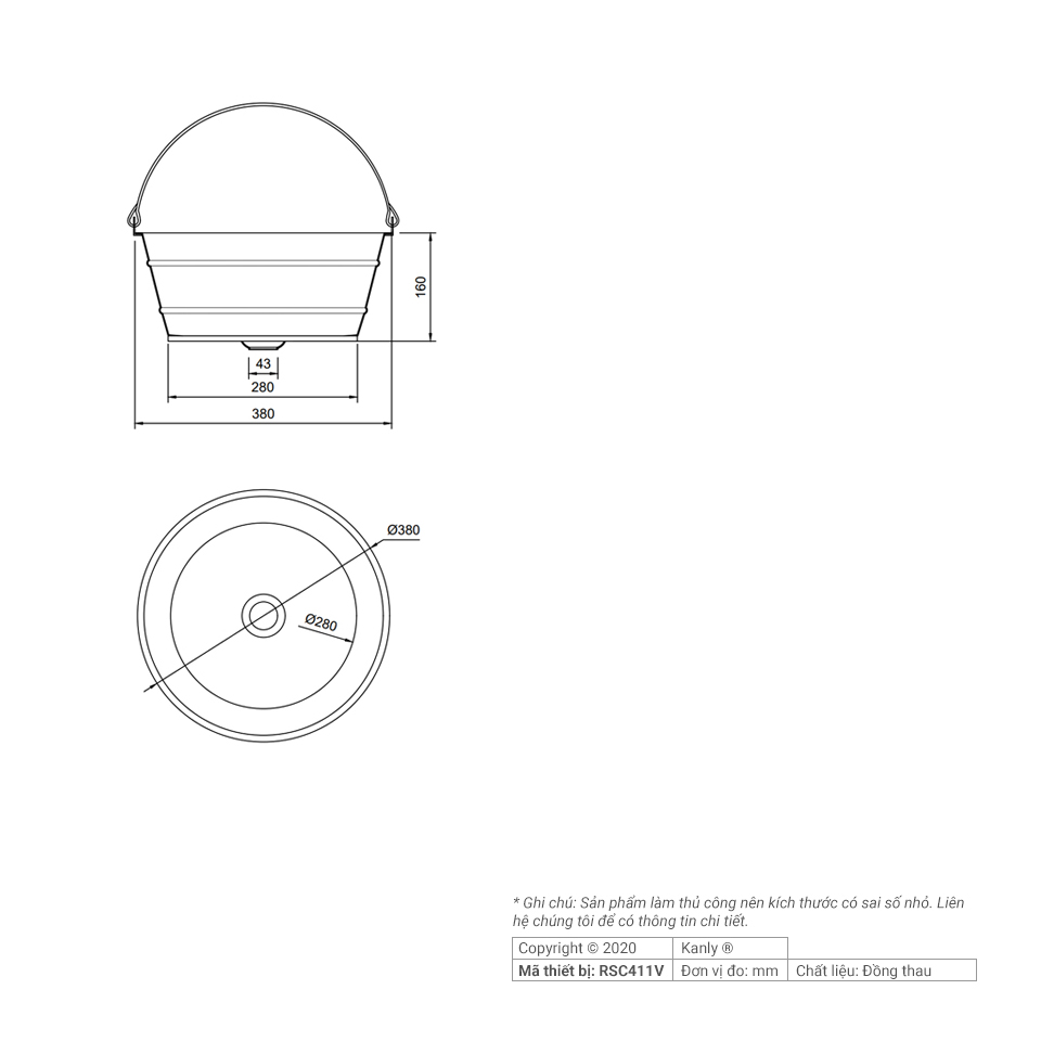 CHẬU RỬA BẰNG ĐỒNG THAU KANLY - RSC412V - Ảnh 3