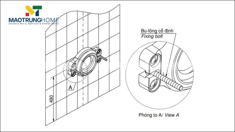 Sau đó, bạn gá và cố định thân bồn tiểu lên tường