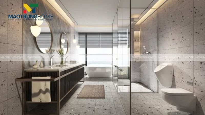 Mảng tường điểm nhấn ốp gạch terrazzo trong phòng tắm hiện đại