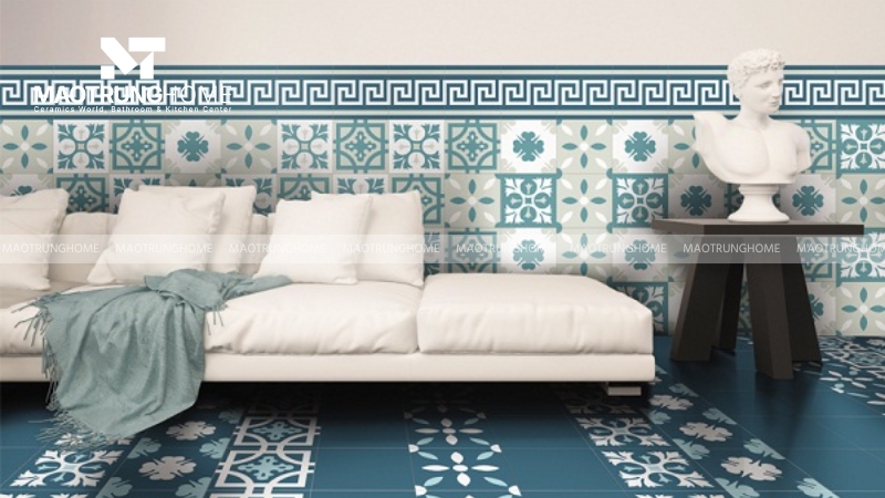 Phòng khách sang trọng và tinh tế với gạch màu xanh ngọc