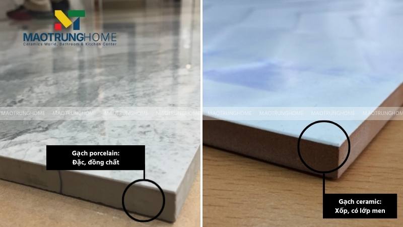 So sánh sự khác nhau giữa gạch porcelain và gạch ceramic.