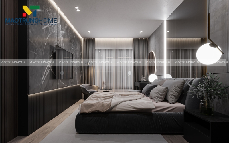 Phòng ngủ ốp gạch vân đá full tường 