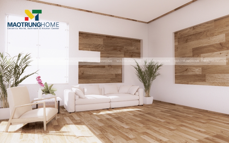 Phòng khách ốp gạch vân gỗ cách điệu 