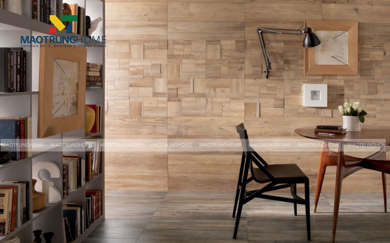 Gạch Ceramic giả gỗ ốp tường phòng khách 