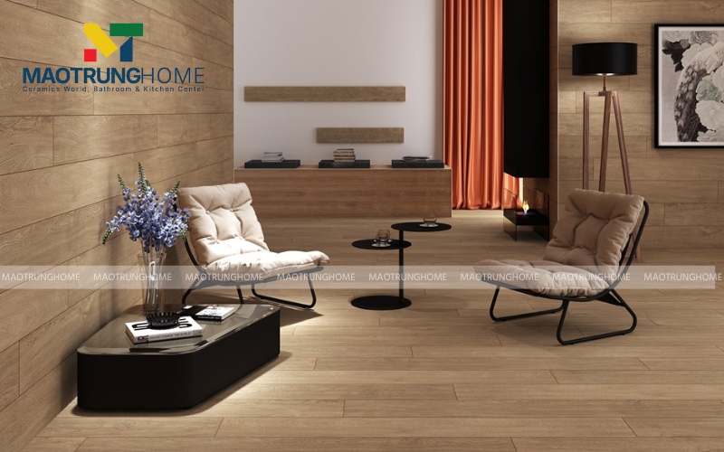 Gạch giả gỗ men mờ màu sáng phòng khách 