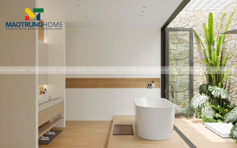 Gạch men bán bóng giả gỗ ốp tường kết hợp gạch trắng 