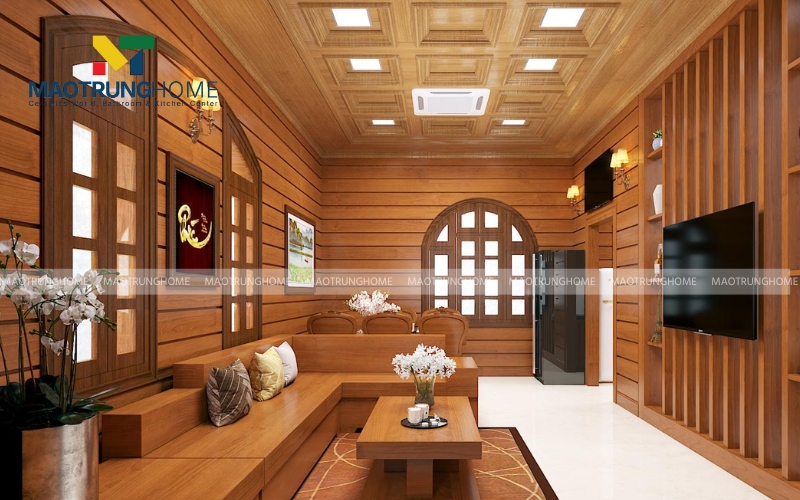 Gạch giả gỗ men bóng ốp phòng khách sang trọng