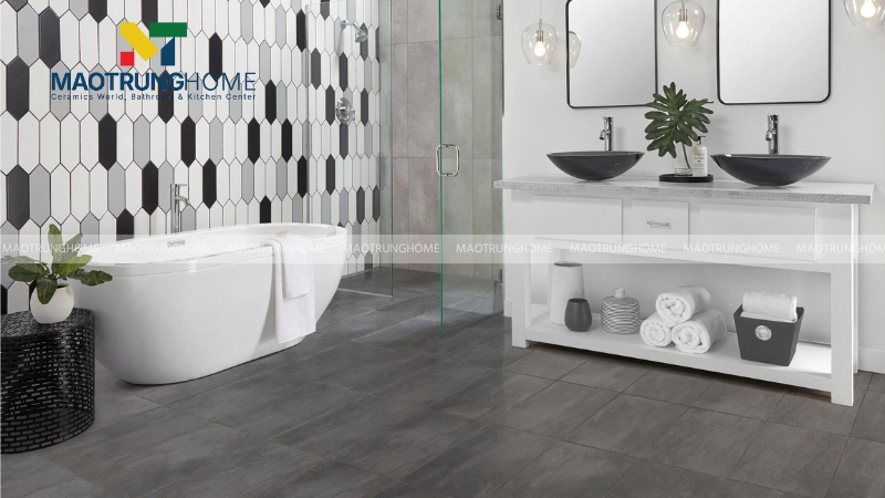 Phối gạch nhà vệ sinh màu xám: Phong cách hiện đại xám -trắng (Mẫu 3)