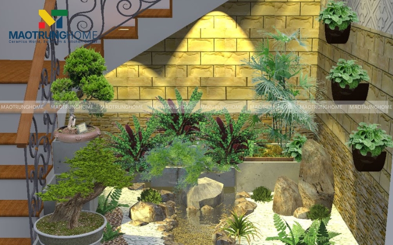 Tường tiểu cảnh ốp gạch thẻ màu vàng đất