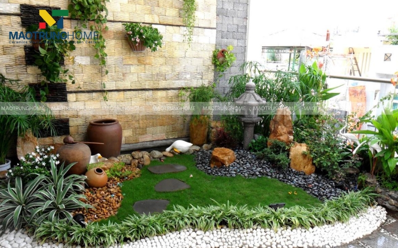 Tường tiểu cảnh ốp gạch giả đá màu đá vàng