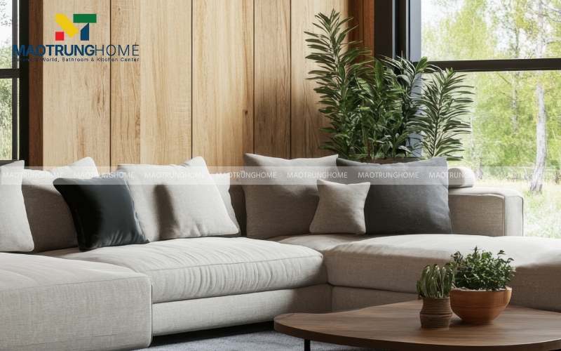 Phòng khách nhỏ với bức tường ốp gạch giả gỗ màu sáng