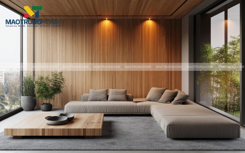 Phòng khách ốp gạch giả gỗ màu sáng