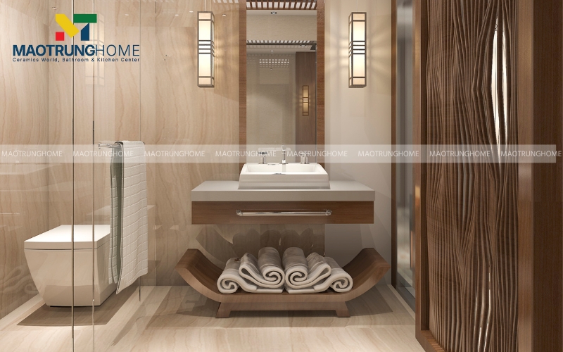 Phòng tắm ốp gạch giả gỗ màu sáng