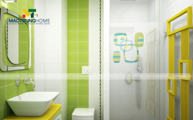 Nhà nhỏ với tường ốp gạch đơn sắc trắng kết hợp xanh lá