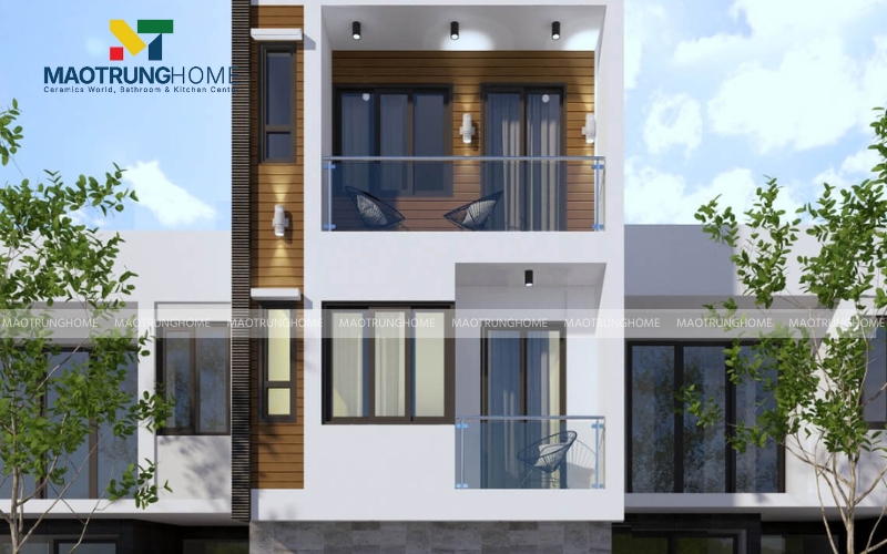 Nhà ốp gạch giả gỗ màu tự nhiên kết hợp tường trắng