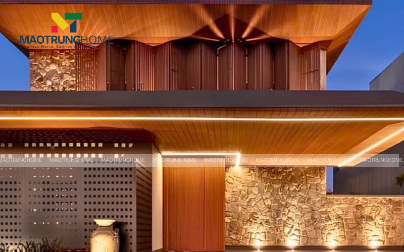 Tường nhà ốp gạch giả đá kết hợp giả gỗ