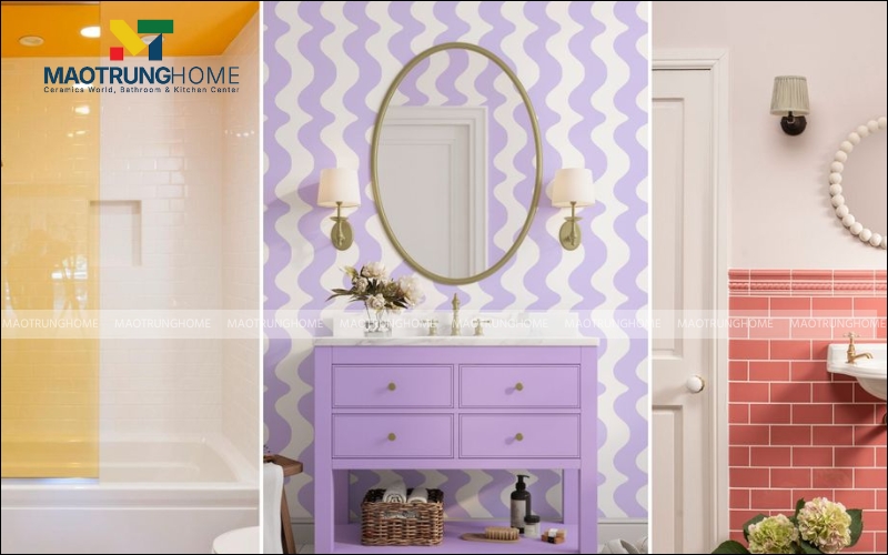 Góc phòng kệ trang điểm ốp gạch họa tiết gợn sóng màu tím