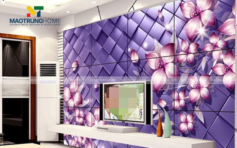 Góc phòng kệ TV ốp gạch họa tiết hoa 3D