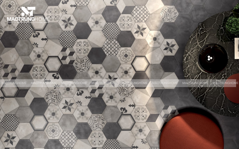 Quán coffee gạch hexagon sặc sỡ