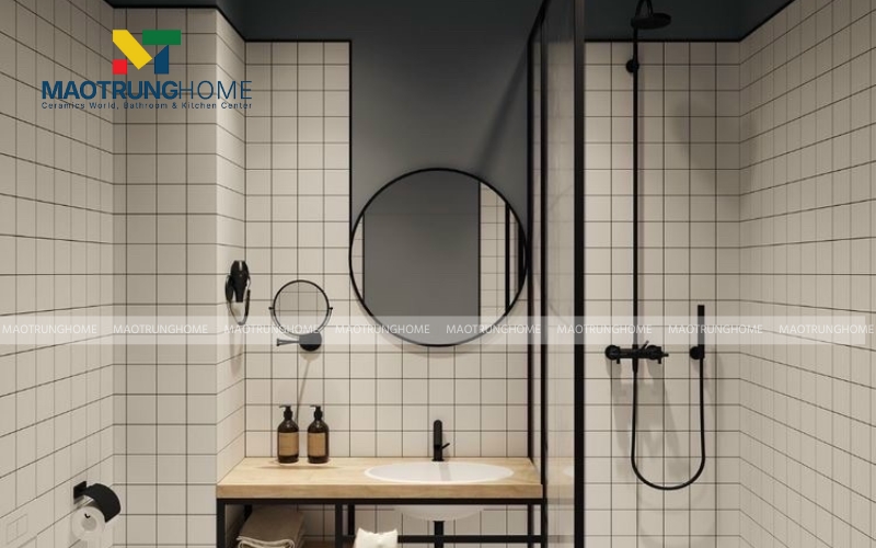 Nhà vệ sinh ốp gạch thẻ trắng tạo hiệu ứng lưới hiện đại