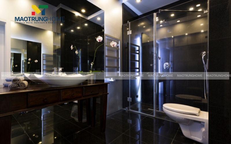 Thiết kế nhà vệ sinh 6m2 sang trọng với gạch vân đá đen kem buồng tắm kính