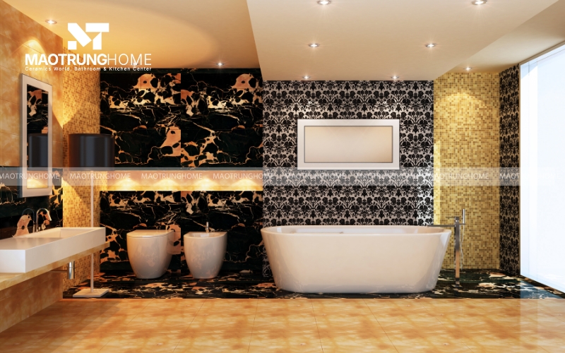Nhà vệ sinh 6m2 sang trọng với gạch đen vân màu vàng kết hợp gạch bông