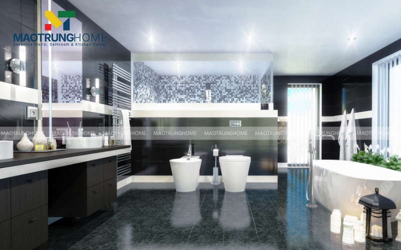 Thiết kế nhà vệ sinh 6m2 tương phản mạnh mẽ với tông màu đen