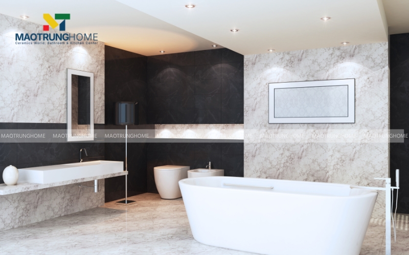 Nhà vệ sinh có tường màu đen tạo điểm nhấn