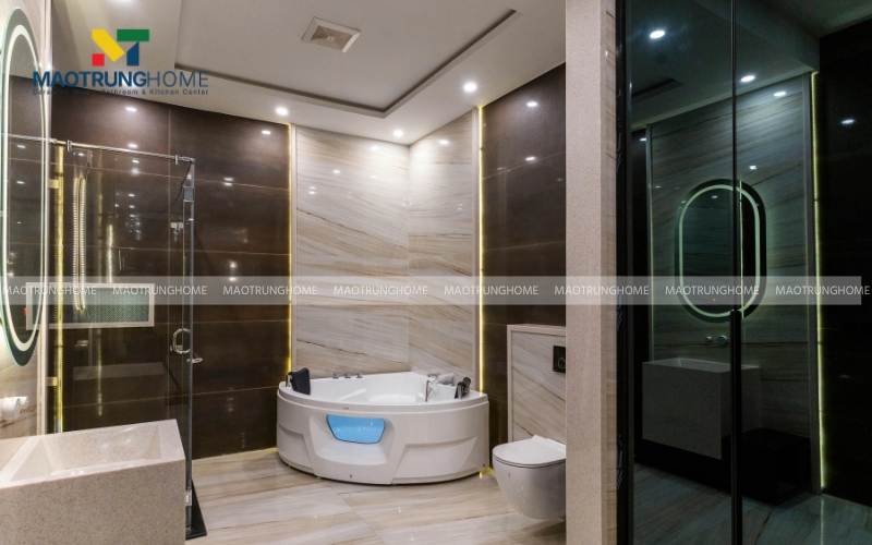 Hệ thống đèn LED âm trần và đèn gương trong nhà vệ sinh 6m2 hiện đại