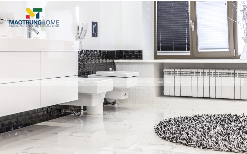 Nhà vệ sinh kết hợp hài hòa 3 màu trung tính trắng, xám, đen