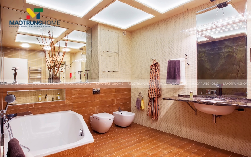 Nhà vệ sinh lát gạch thẻ giả cỗ đơn giản