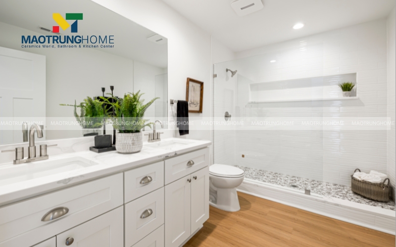 Phong cách Bắc Âu với kệ gỗ trắng cùng sàn giả gỗ